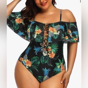 Aqua Eve One Piece Off Shoulder Lace Up Tummy Control Flounce Bathing Suit